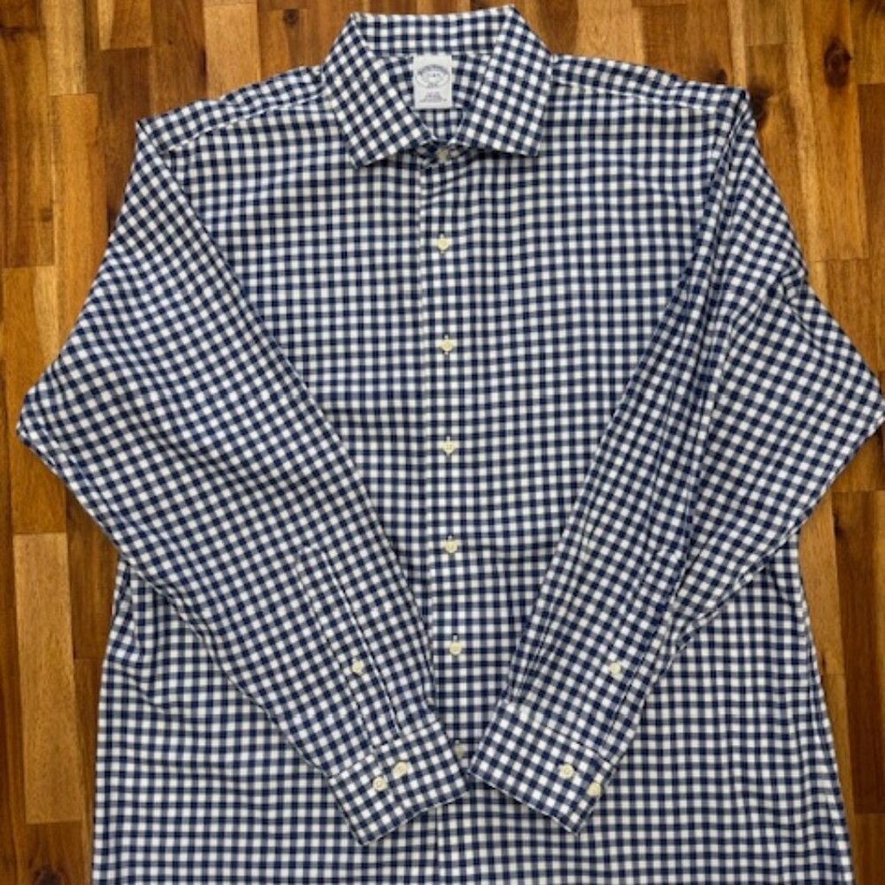 BROOKS BROTHERS Men's XL Shirt 346 Blue Plaid Long Sleeve Slim Fit 17-4/5 Button